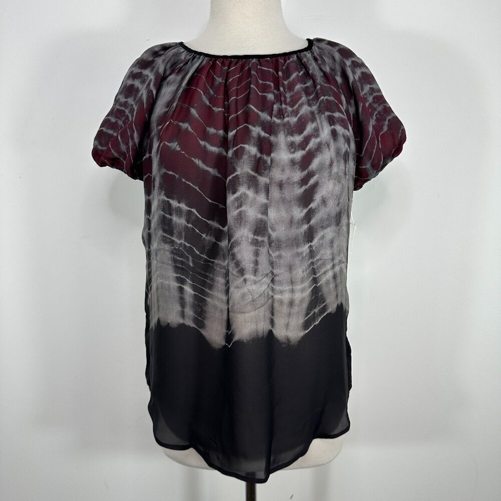 NWT L'AGENCE Blouse Silk Black Tie Dye Short Sleeve Keyhole Back Top Womens 2